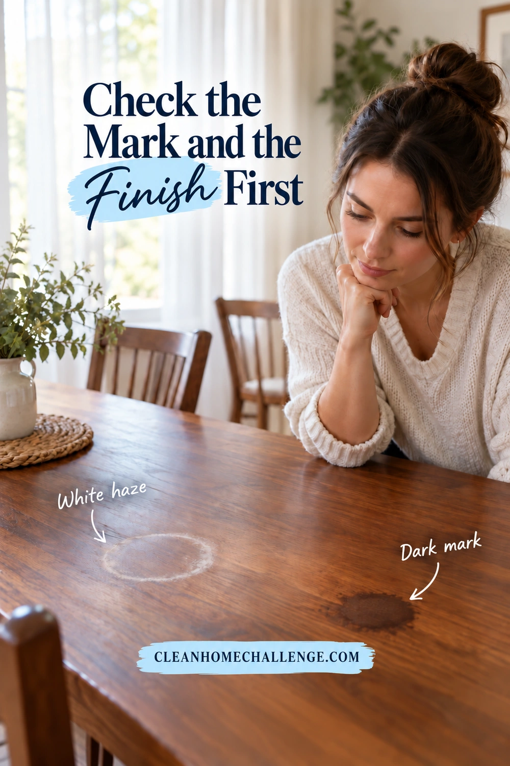 A woman studies a white cup ring and a darker water mark on a walnut dining table, with arrows identifying both marks.