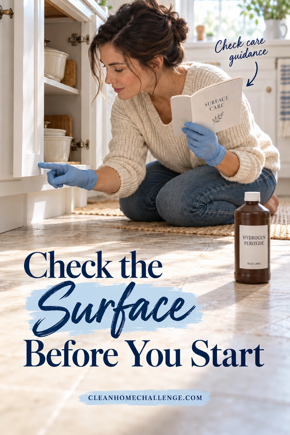A woman in blue gloves examines the inside edge of a white cabinet door while holding a Surface Care booklet. A capped brown peroxide bottle stands nearby, and the navy headline emphasizes Surface in brush script.