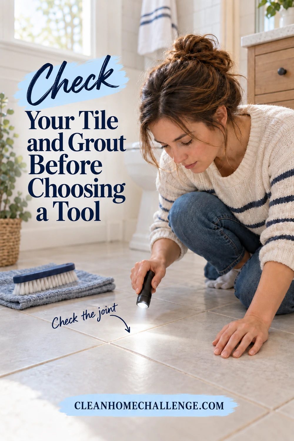Woman uses a small flashlight to inspect a bathroom floor grout junction while an unused brush rests on a cloth nearby.