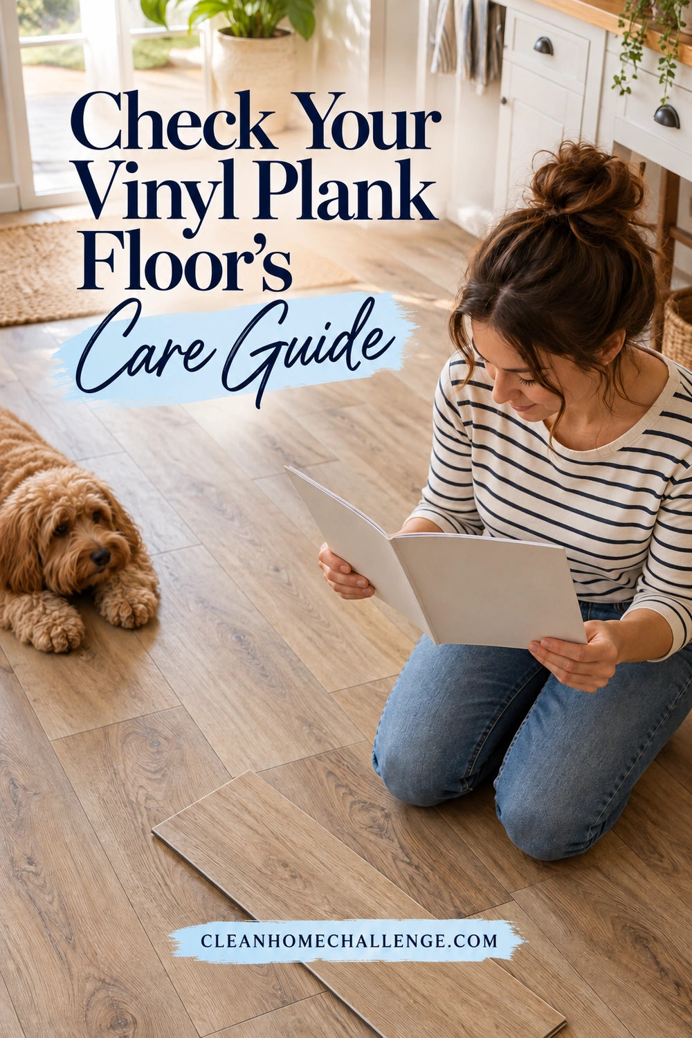Woman in a striped shirt kneeling on wood-look vinyl flooring and reading an open care booklet beside a small plank sample.