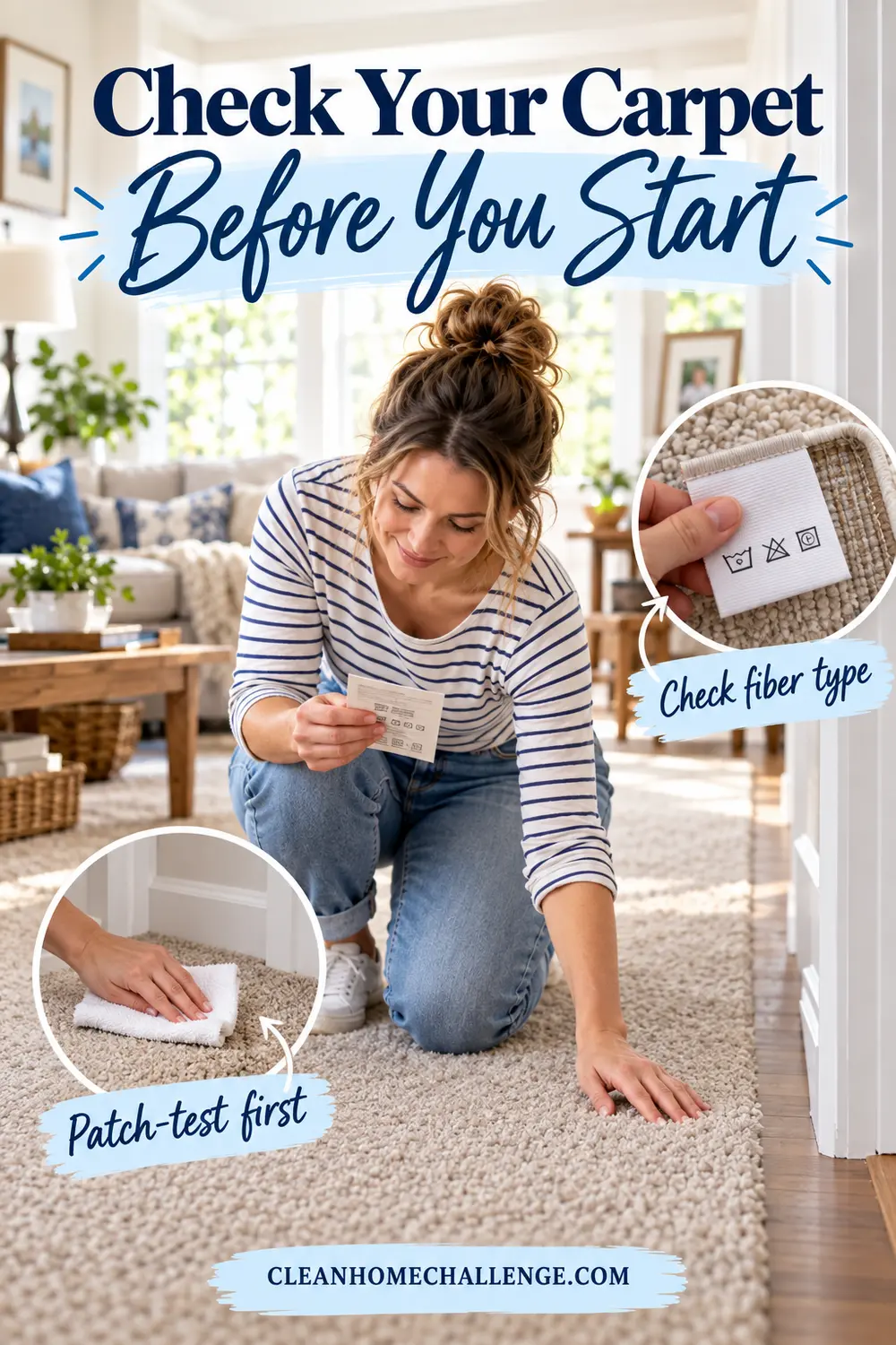 Woman checking carpet care information and patch-testing a hidden edge with a white cloth.