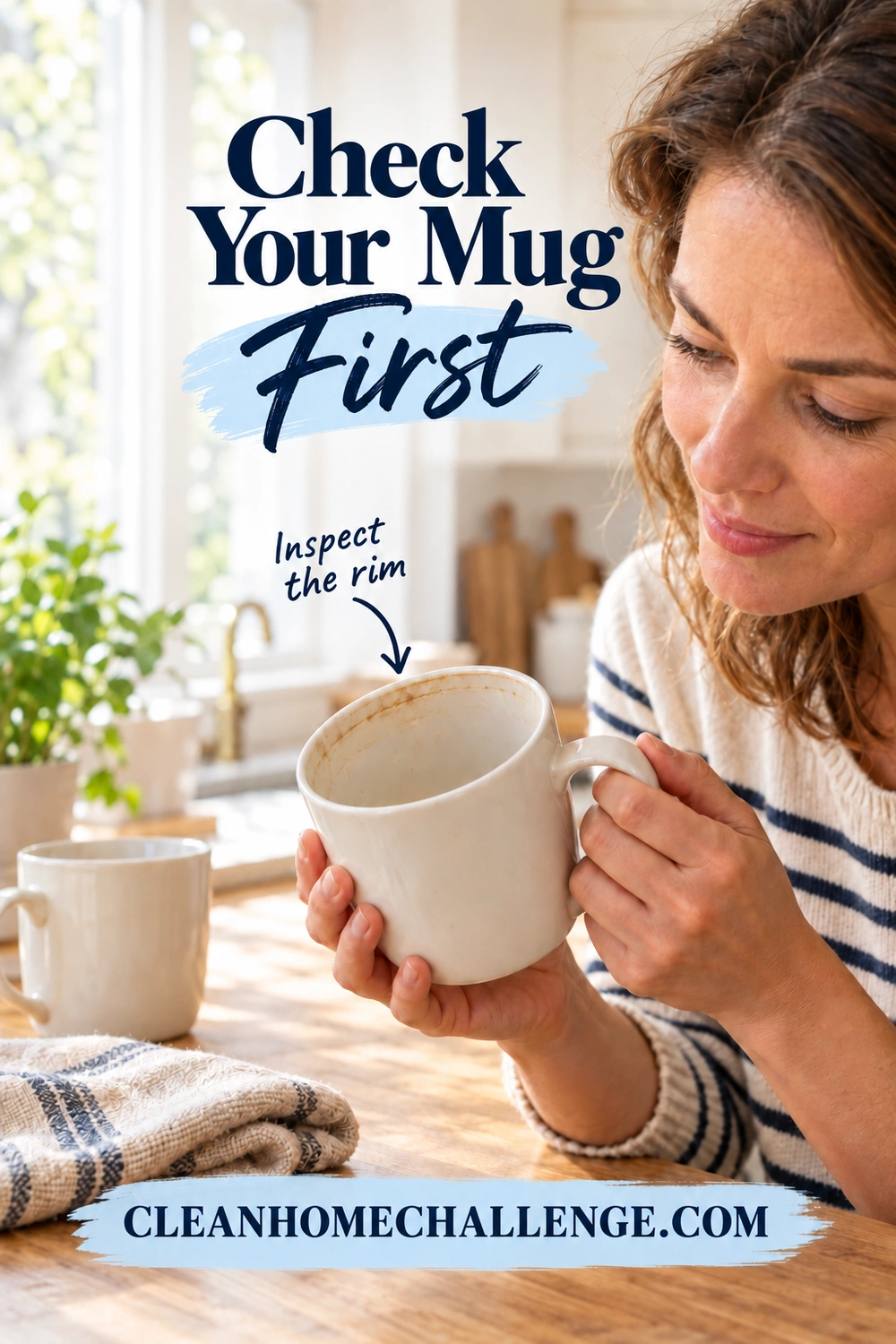 A woman in a striped shirt inspects the brown-stained rim and interior of a cream ceramic mug beside a kitchen window.