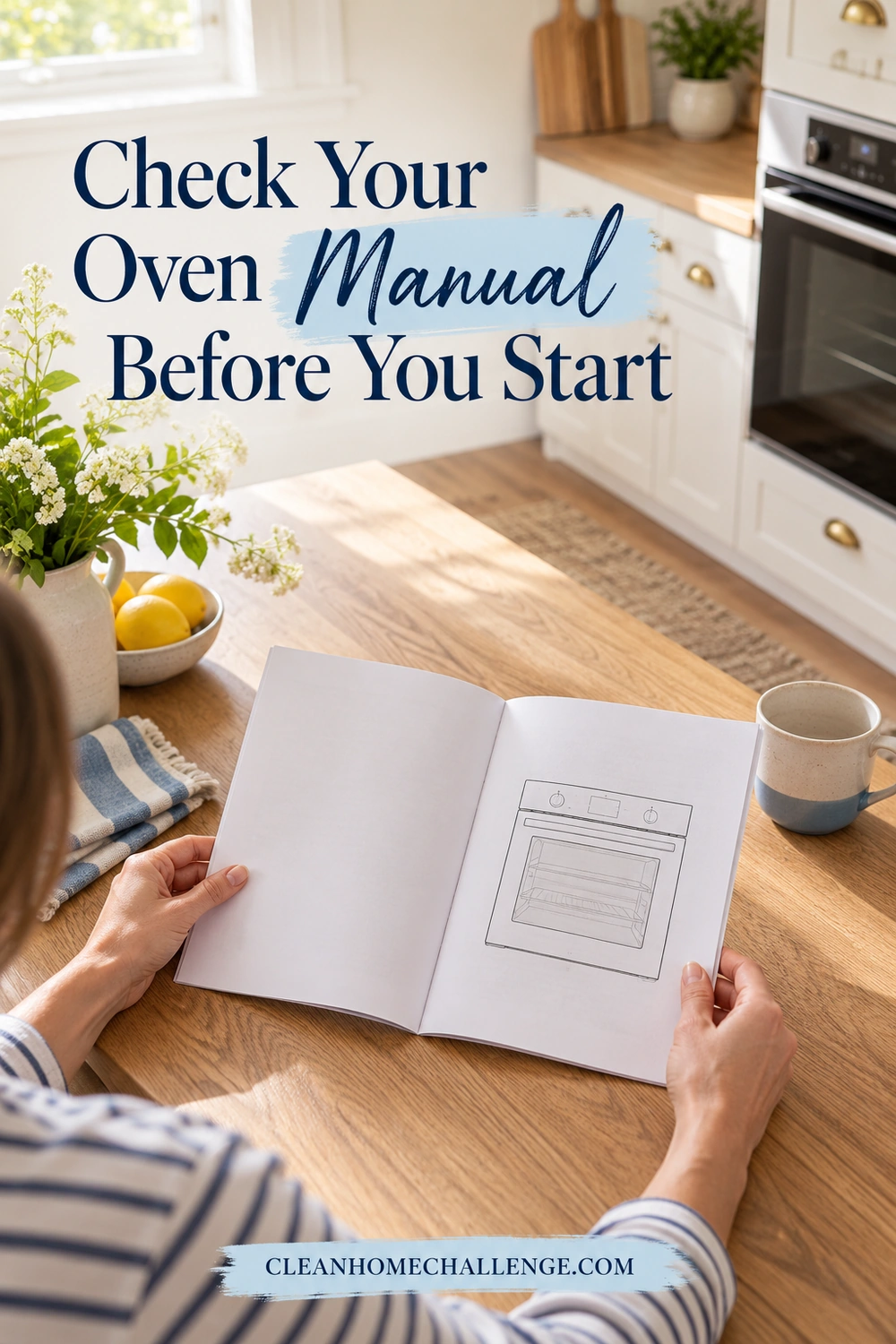 An over-the-shoulder view shows a woman holding an oven care booklet at a wooden kitchen table, with a closed oven nearby.