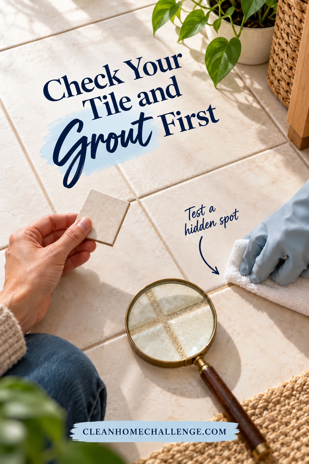 One hand holds a tile sample while a gloved hand wipes a small floor patch beside a magnifying glass resting over the grout.