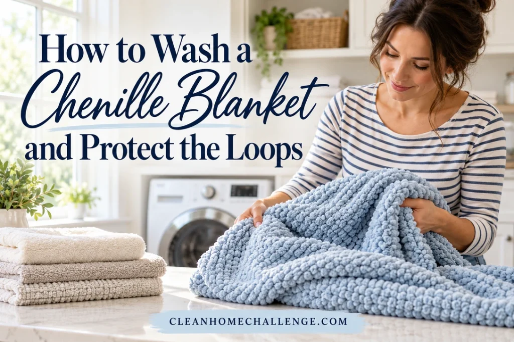 Woman in a striped shirt supporting a pale blue chenille blanket over a laundry counter.