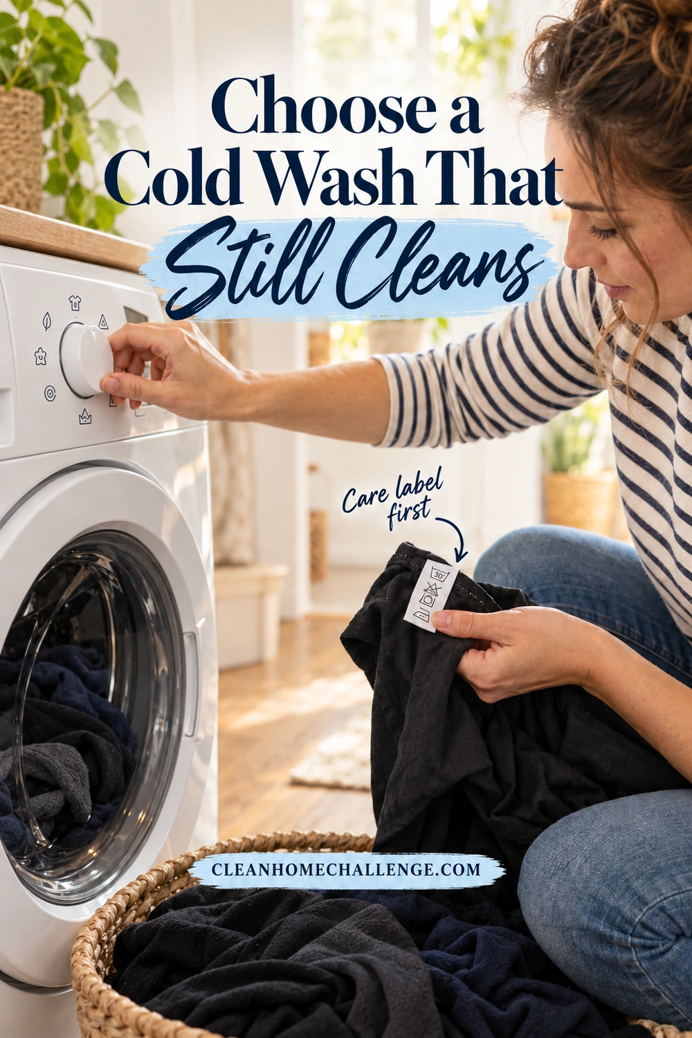 A woman turns a washing machine dial while holding a black shirt's care label, highlighted by an arrow.