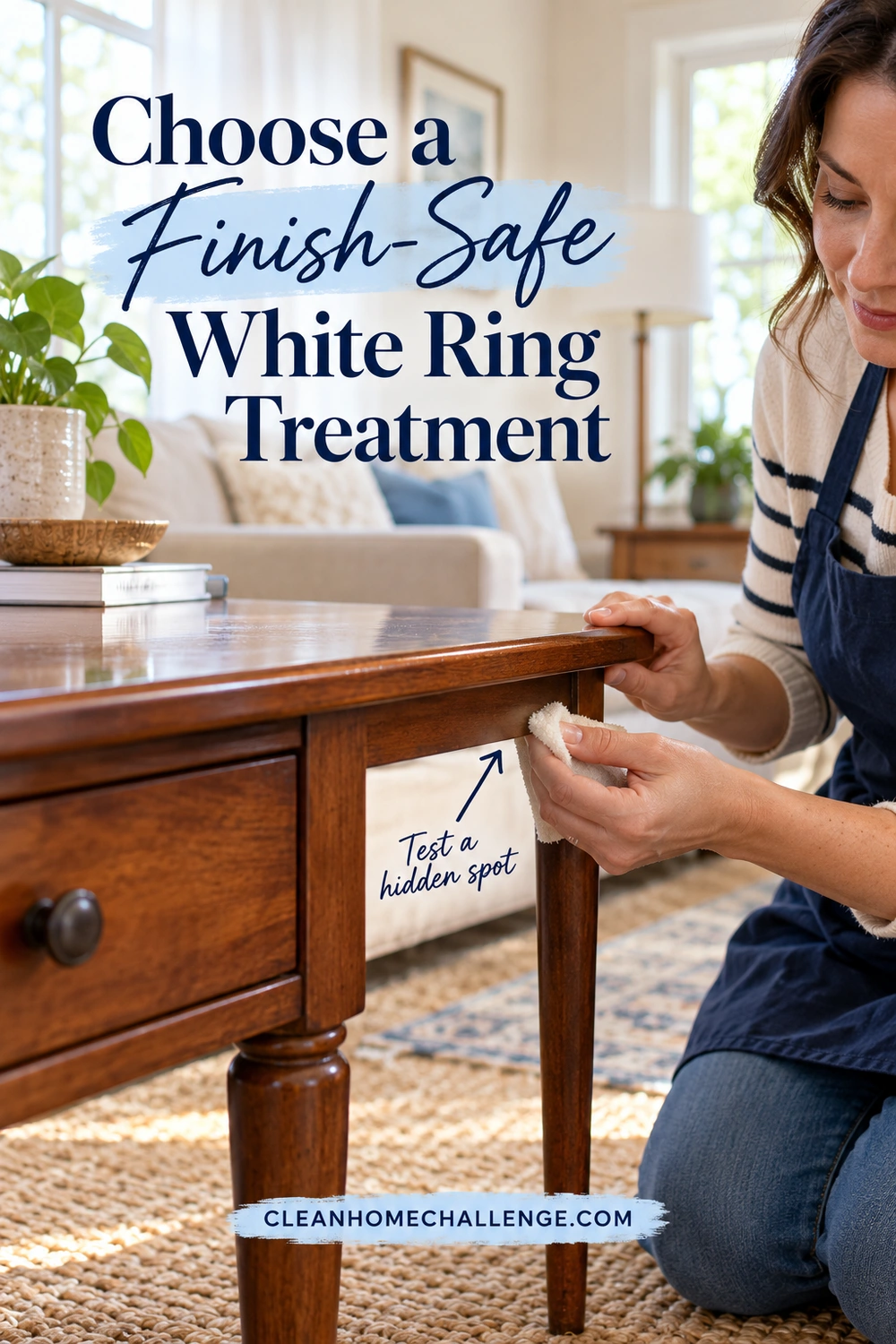 A woman uses the corner of a soft cloth on the concealed edge beneath a cherry wood table.