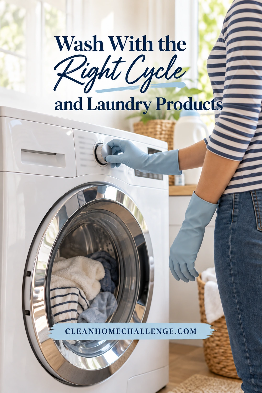 A person in a striped shirt and long blue gloves turns a front-loading washer dial beside a loosely loaded closed drum.