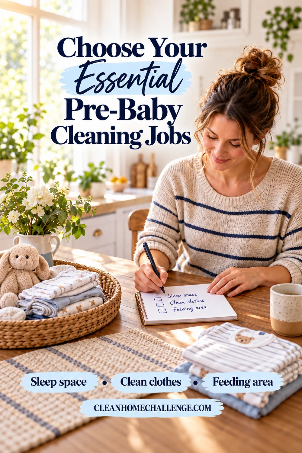 A woman writes a three-item checklist beside folded baby clothes and a wicker tray on a sunlit kitchen table.