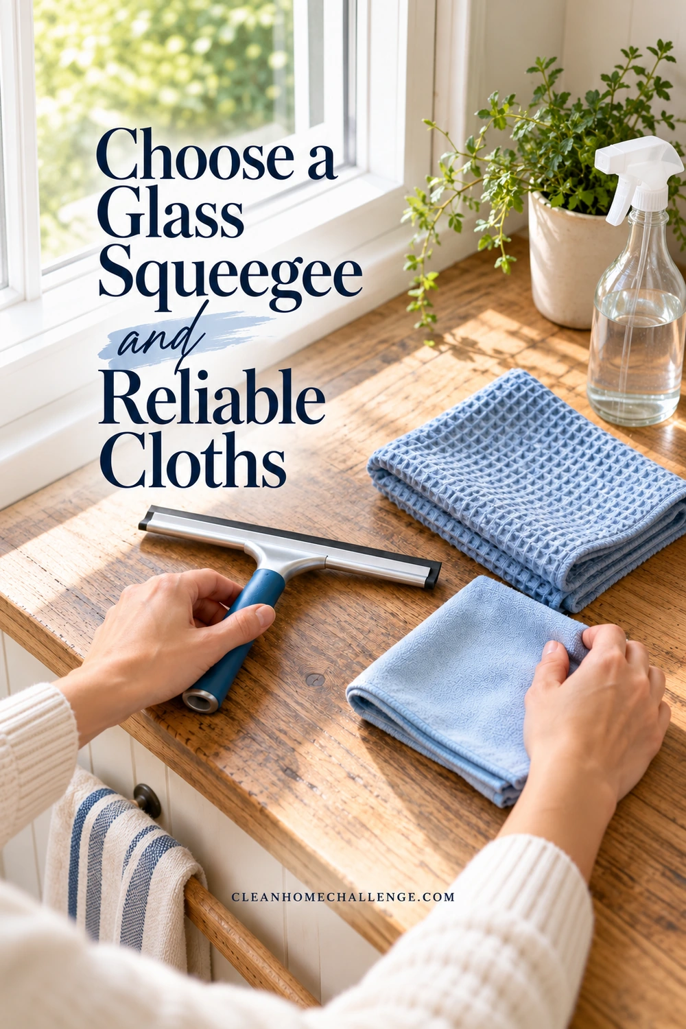 Hands arrange a blue-handled squeegee beside a waffle-textured cloth and a smooth folded cloth on a wooden counter near a window.