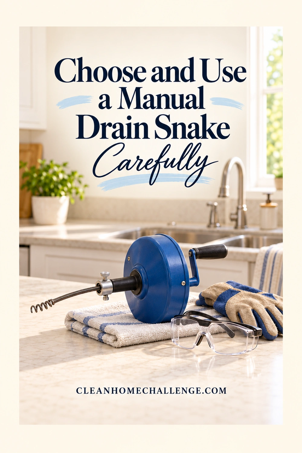 Blue hand-crank drum drain auger with safety glasses and work gloves on a kitchen counter.