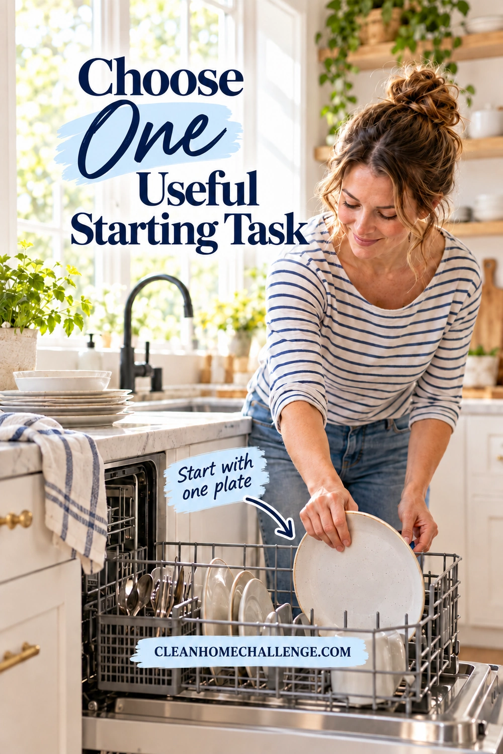 A striped-shirt woman places a ceramic plate into a dishwasher while more dishes wait on the counter.