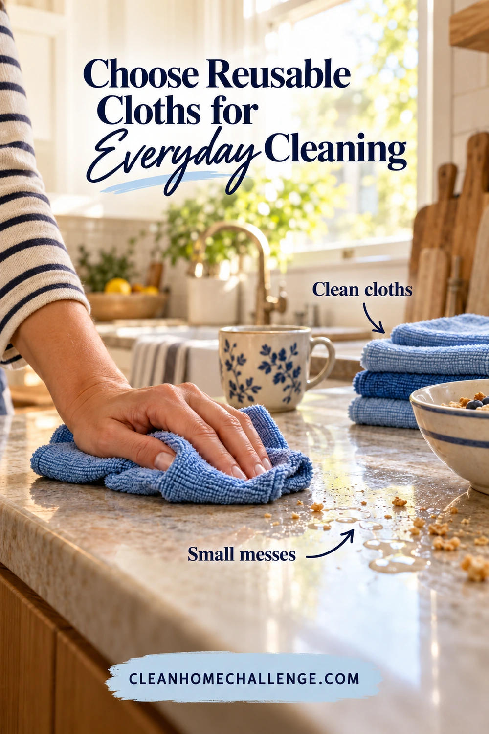 A hand wipes crumbs and a small spill from a kitchen counter with a blue cloth beside a clean folded stack. The headline reads Choose Reusable Cloths for Everyday Cleaning.