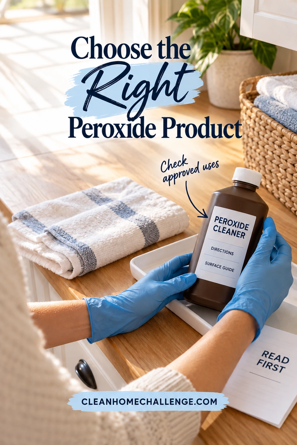 Blue-gloved hands hold a capped brown bottle labeled Peroxide Cleaner above a white tray on a wooden laundry counter. A navy arrow points to the label beside a Read First leaflet and folded towel.
