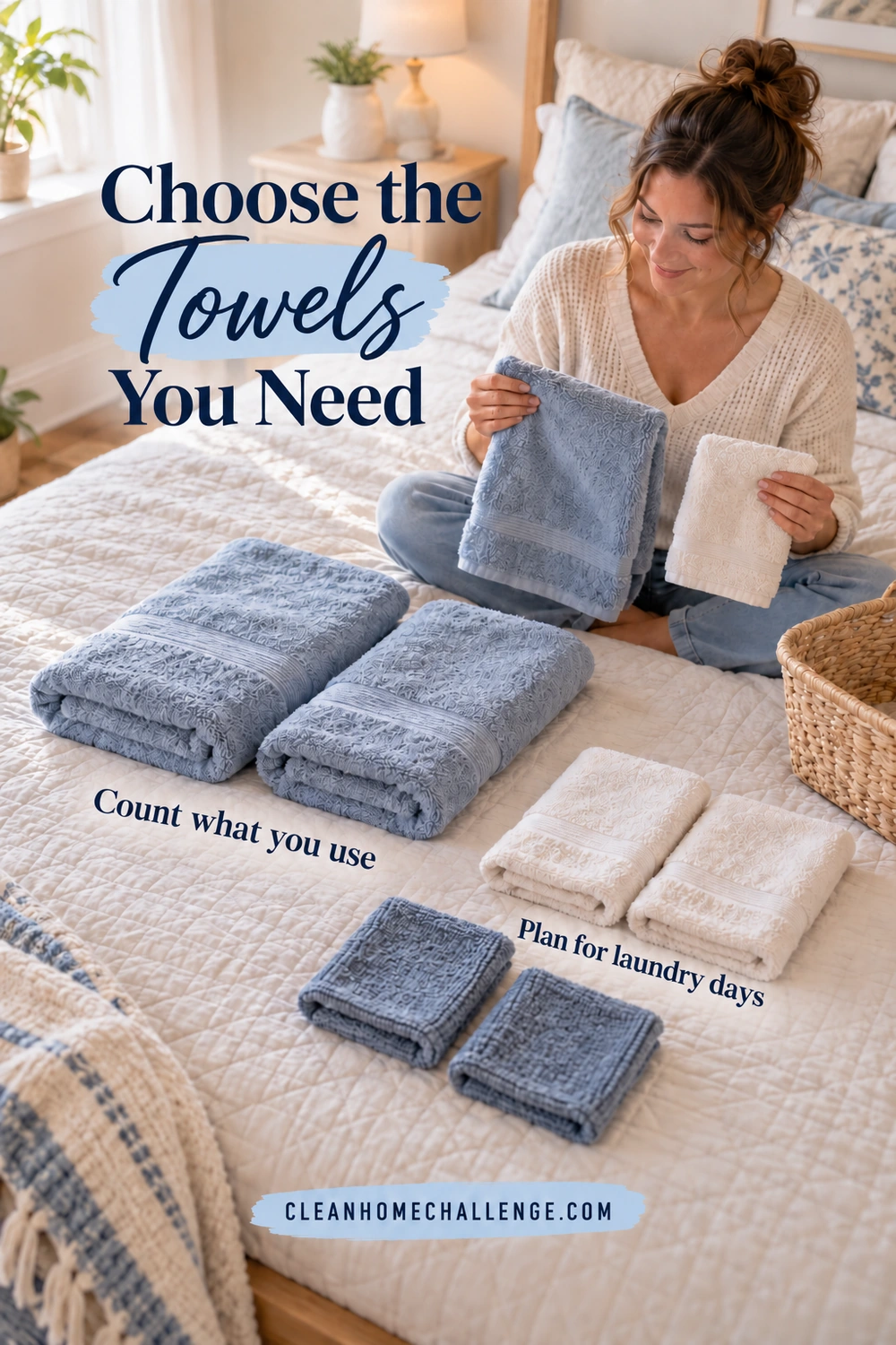 Woman compares towel sizes on a bed with separate groups of blue bath towels, white hand towels, and blue washcloths.