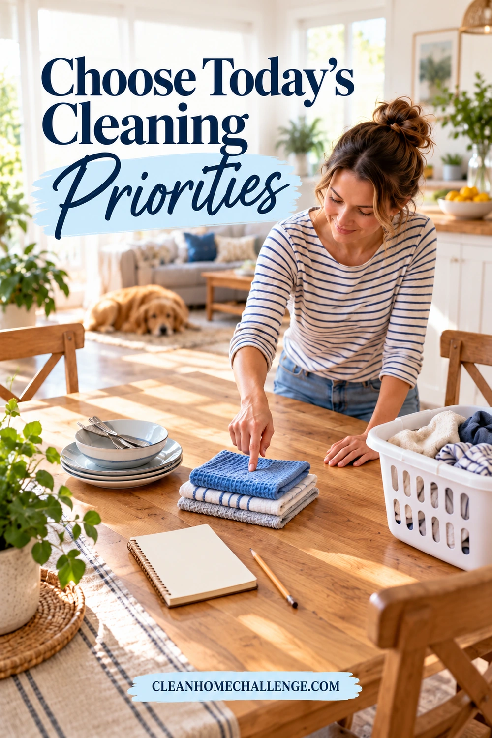 A woman points to a folded blue cloth on a dining table beside dishes, a laundry basket, and a blank notebook.