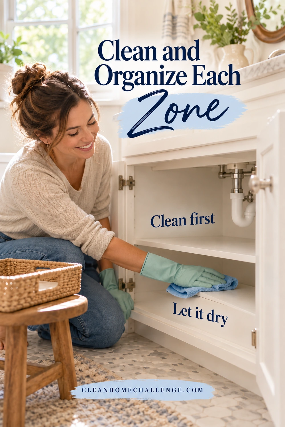 Woman wearing green gloves wipes an empty bathroom cabinet shelf with a blue cloth; a woven basket rests on a stool.