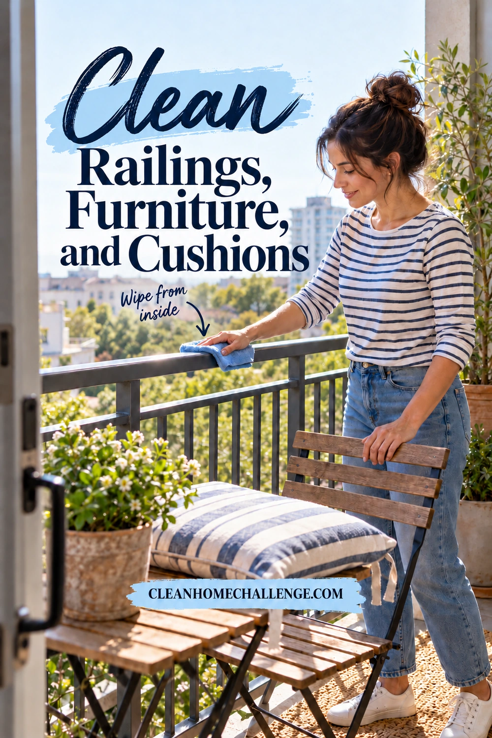 A woman wipes the inside top of a metal balcony railing with a blue cloth beside a wooden chair and striped cushion.