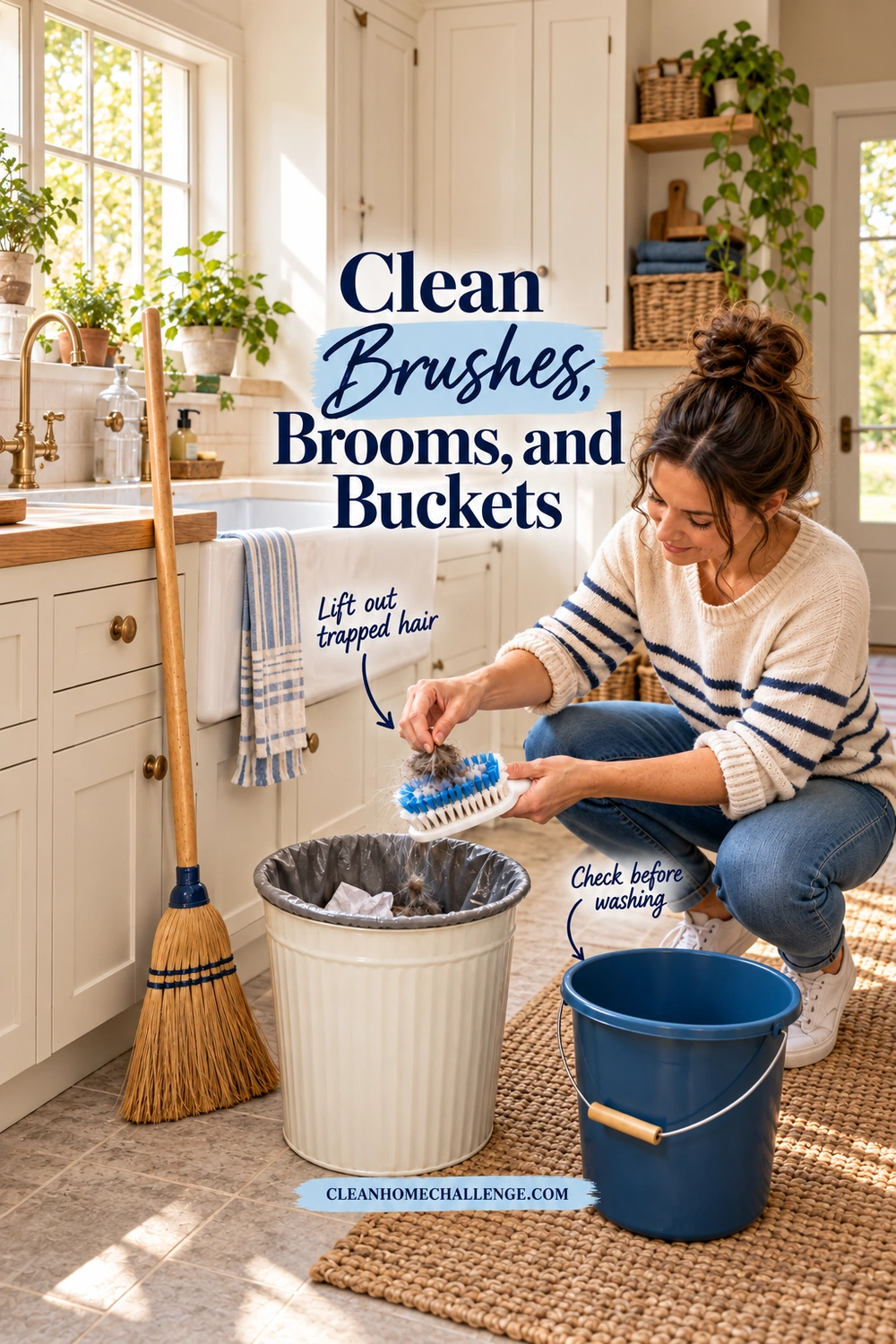 A woman lifts trapped hair from a scrub brush over a trash can, with a broom and empty blue bucket beside her.