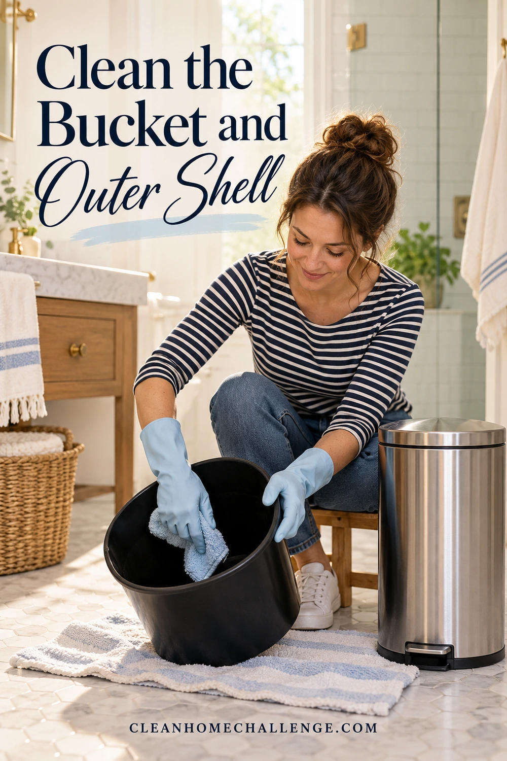 A woman in blue gloves wipes inside a detached black bucket while a closed steel trash can stands beside her.