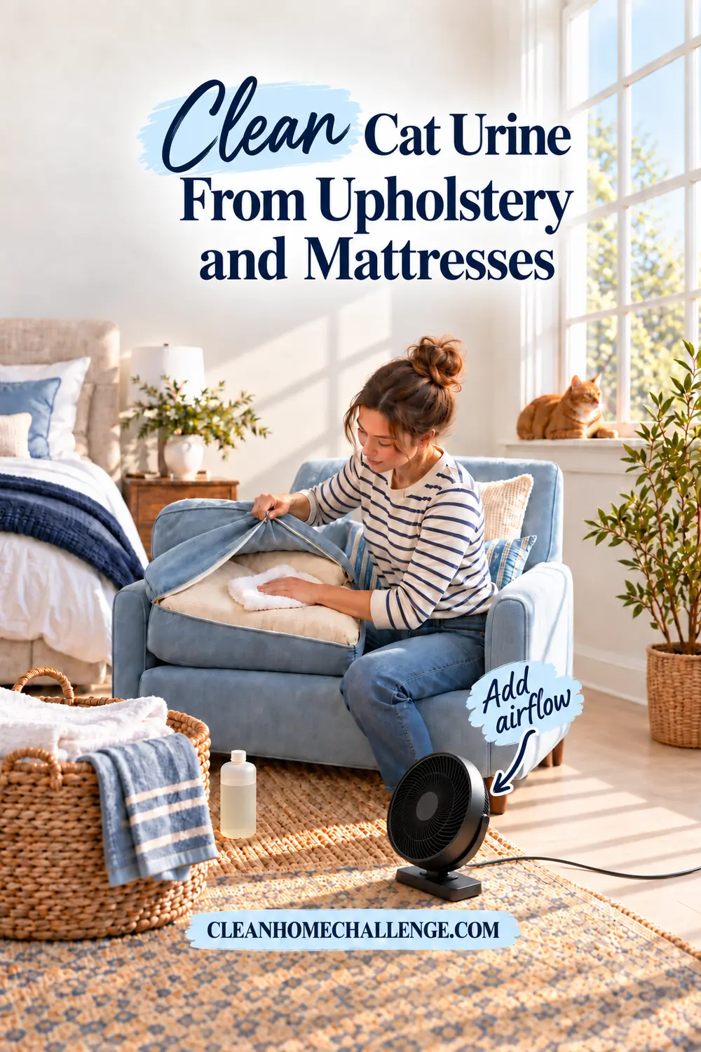 Woman blotting the removable insert of an upholstered chair with towels and airflow