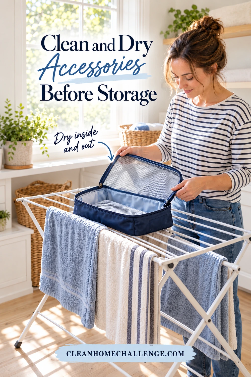 A woman holds an open blue packing cube on a drying rack beside a bright laundry window.