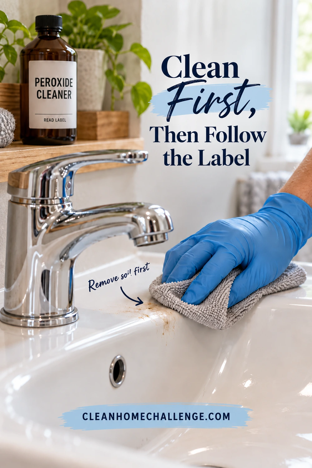 A blue-gloved hand wipes a small dirt mark from a white ceramic sink with a gray cloth. A capped brown Peroxide Cleaner bottle sits on a shelf, with a curved arrow pointing to the soil beneath the headline.