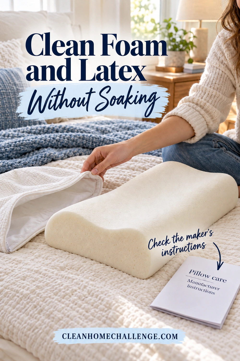 A woman lifts an empty zippered cover beside a dry contoured foam pillow and a pillow-care booklet.