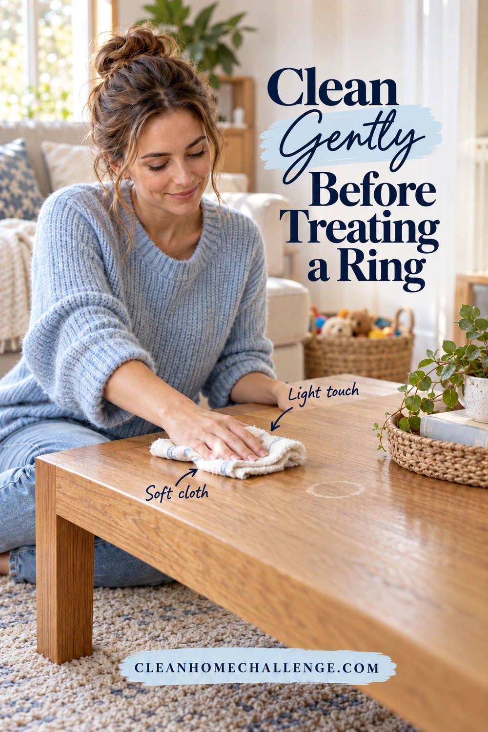 A woman in a blue sweater gently moves a soft white cloth over an oak coffee table beside a pale ring.