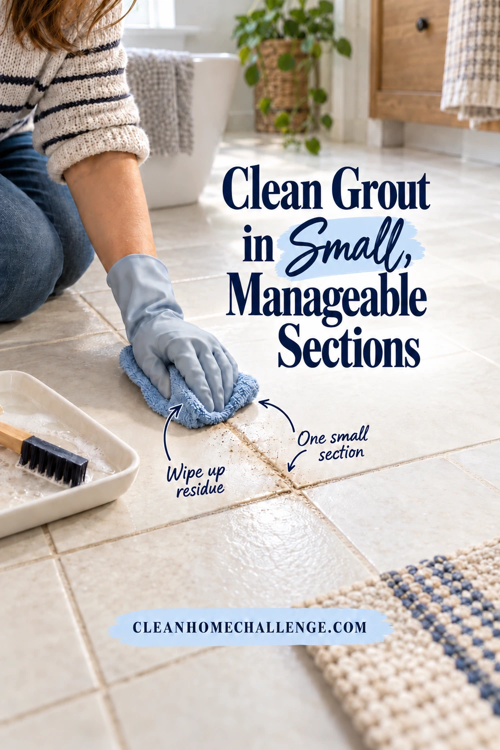 Gloved hand wipes loosened soil from a small tiled floor section with a folded blue cloth while a brush rests on a nearby tray.