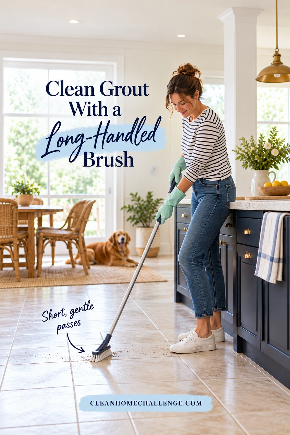 A woman wearing gloves guides a long-handled narrow brush along a kitchen grout line, with a dog resting on a rug in the background.