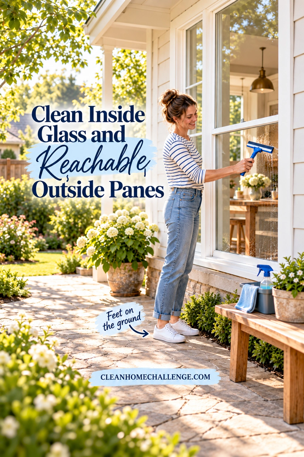 A woman stands on a patio and uses a squeegee on the lower pane of a closed window with both feet on the ground.