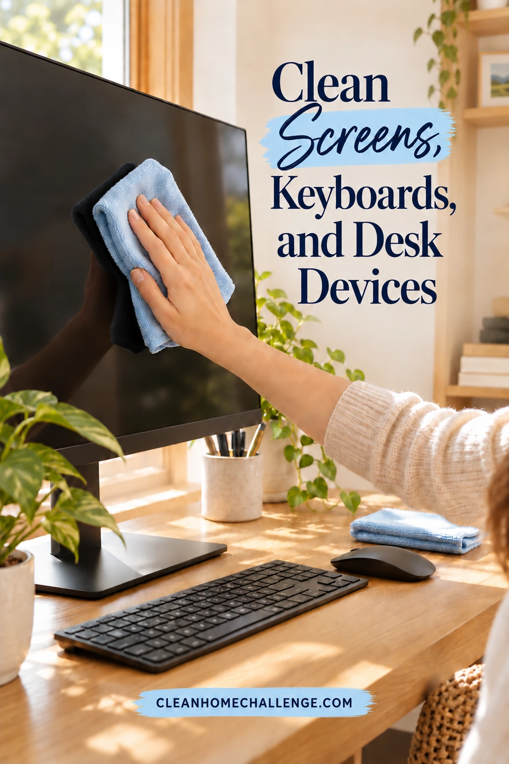 A hand gently holds a pale-blue microfiber cloth against a dark monitor screen, with a keyboard, mouse, and spare folded cloth on the desk below.