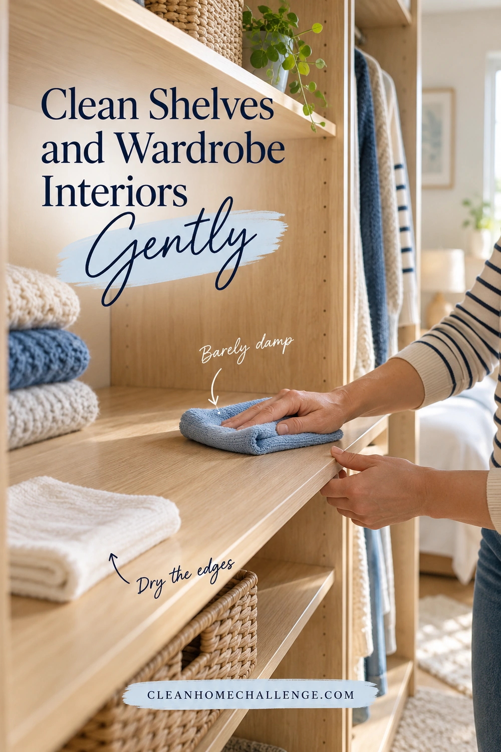 Striped-sleeved hands wipe a wooden wardrobe shelf with a blue cloth, with a separate white cloth nearby and callouts for minimal moisture and drying edges.