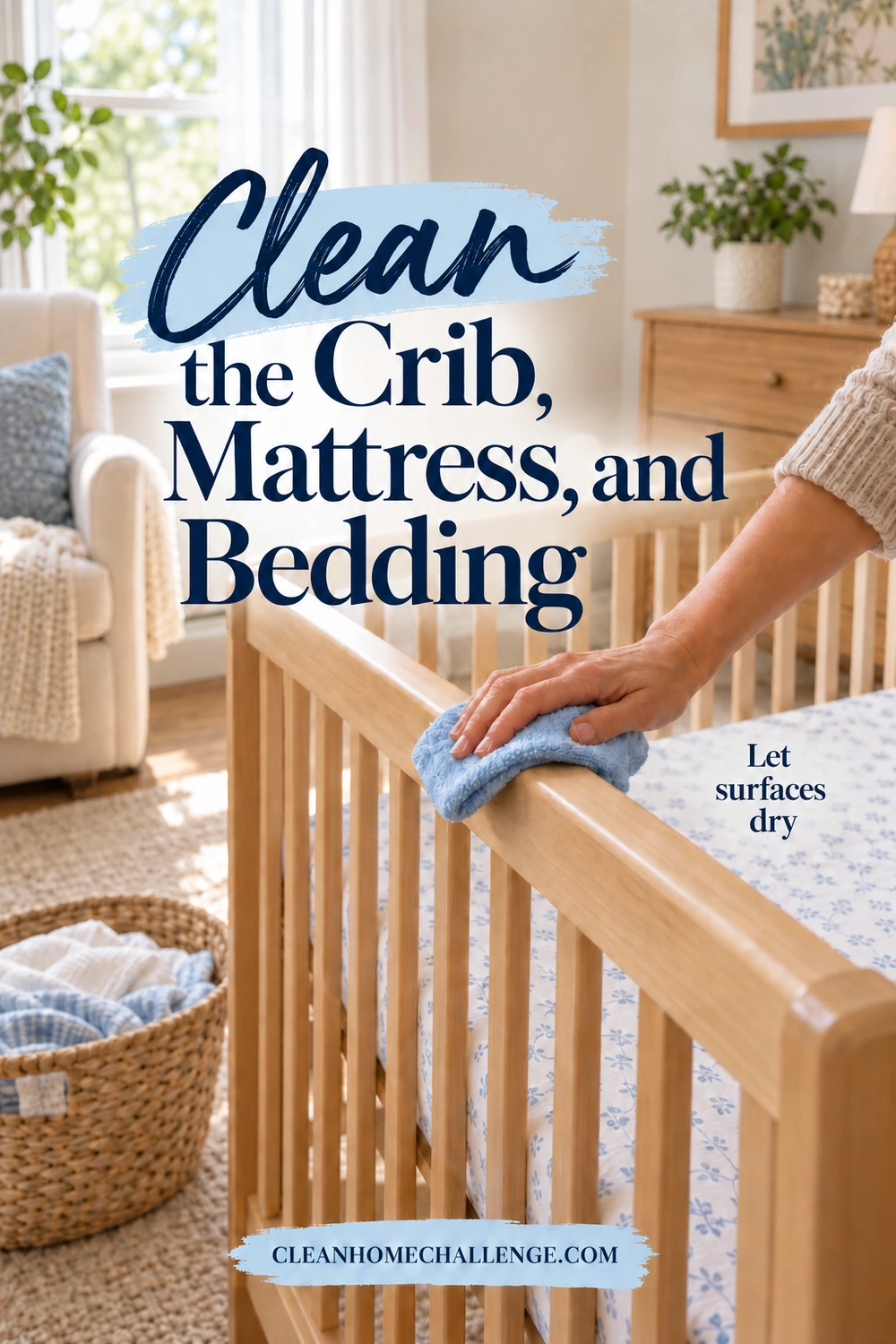 A parent wipes an empty crib rail with a cloth, with a laundry basket beside the crib.