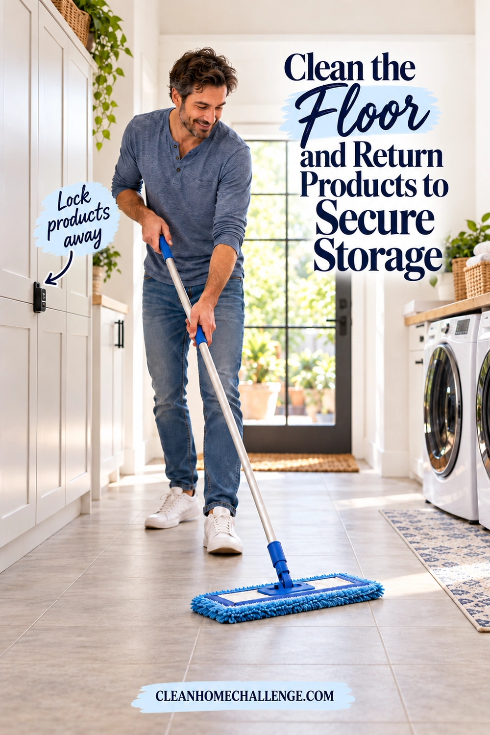 A man uses a flat mop on an accessible laundry floor while a closed cabinet has a visible lock.