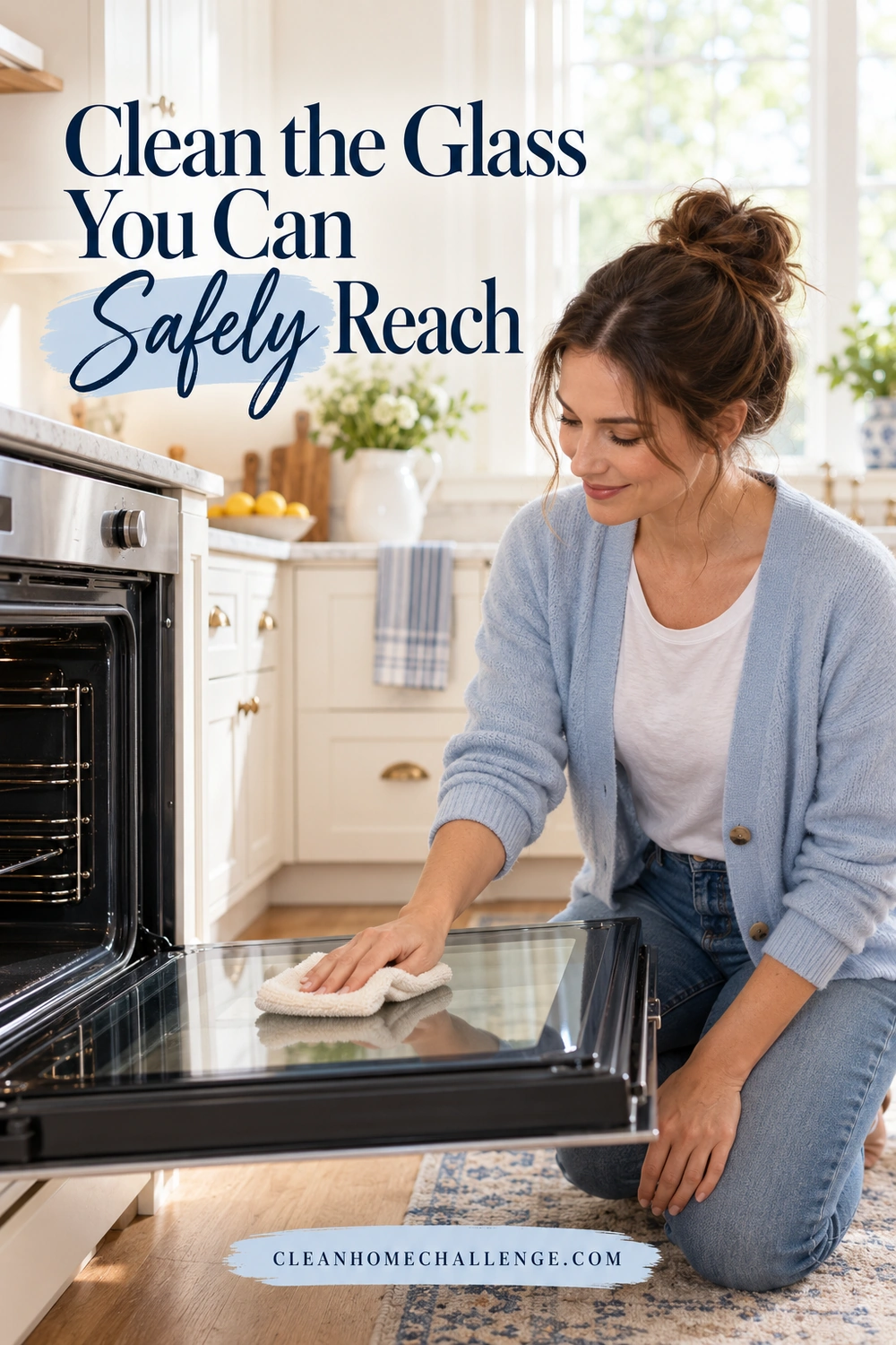 A woman in a blue cardigan kneels beside a open oven and gently wipes the exposed inner door glass with a cream cloth.