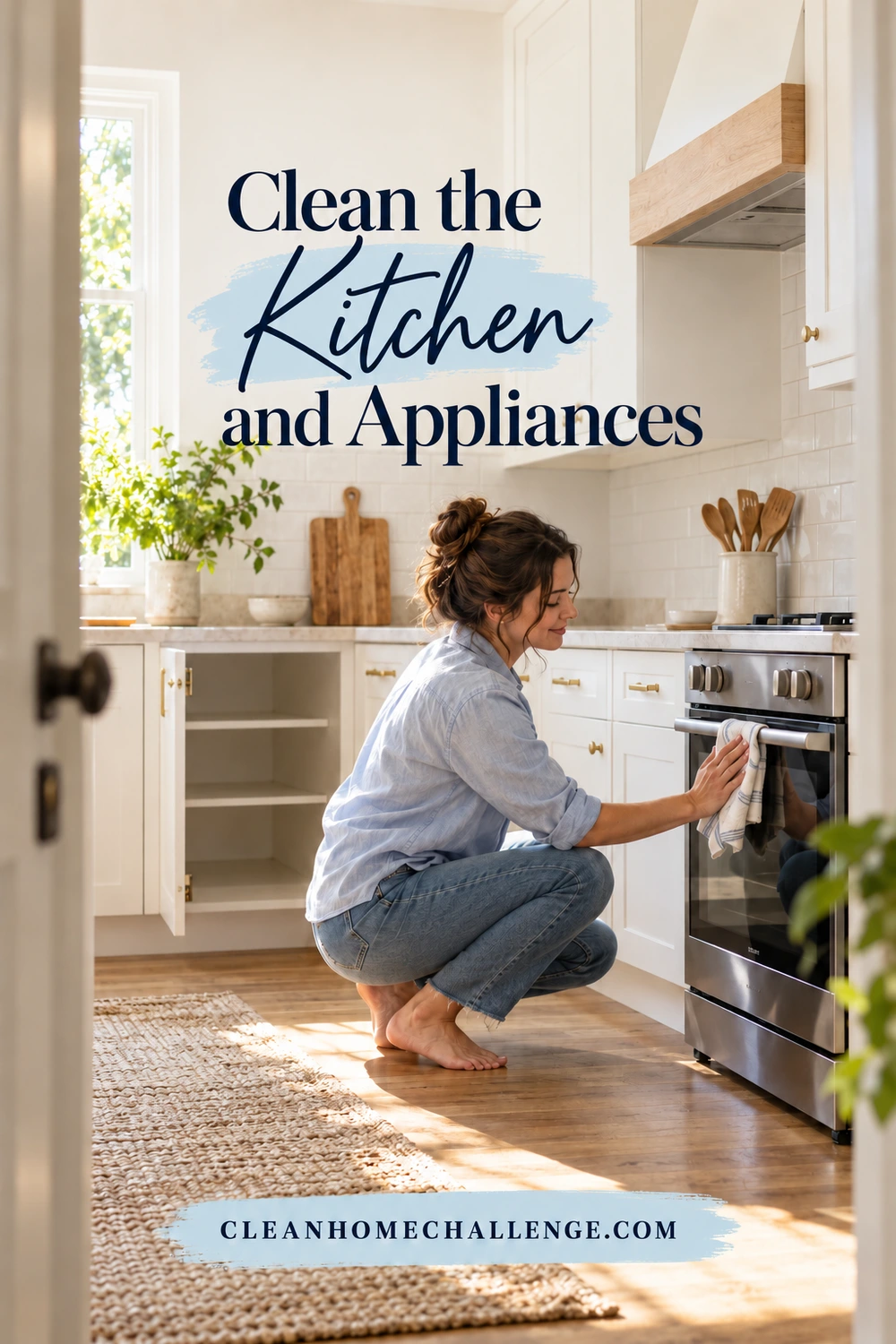 A woman crouches in a bright kitchen and wipes the front of a closed oven with a folded cloth, with empty open cabinets nearby.
