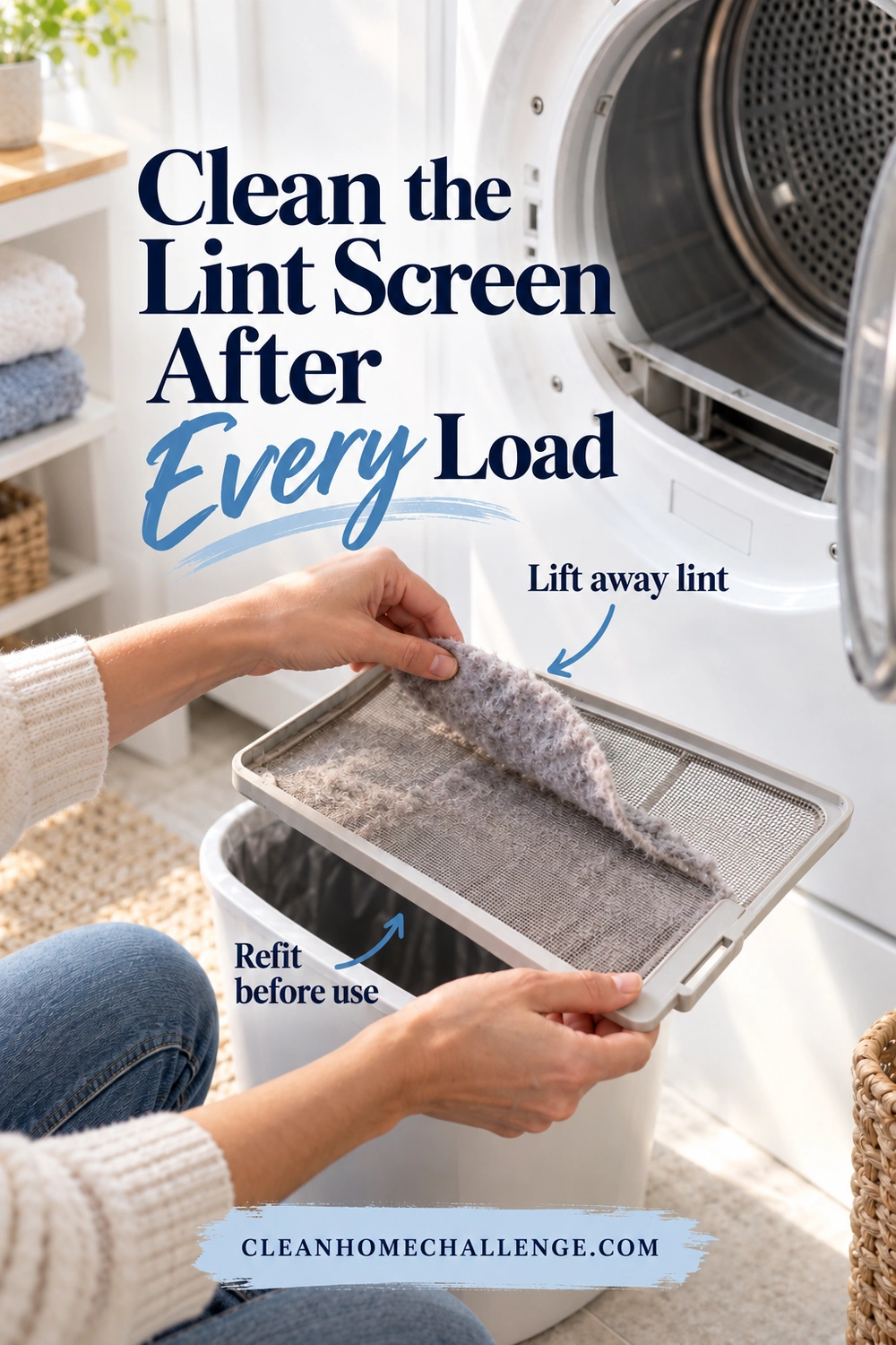 Hands peel a layer of gray lint from a removable mesh dryer screen over a small bin, beside an open dryer.