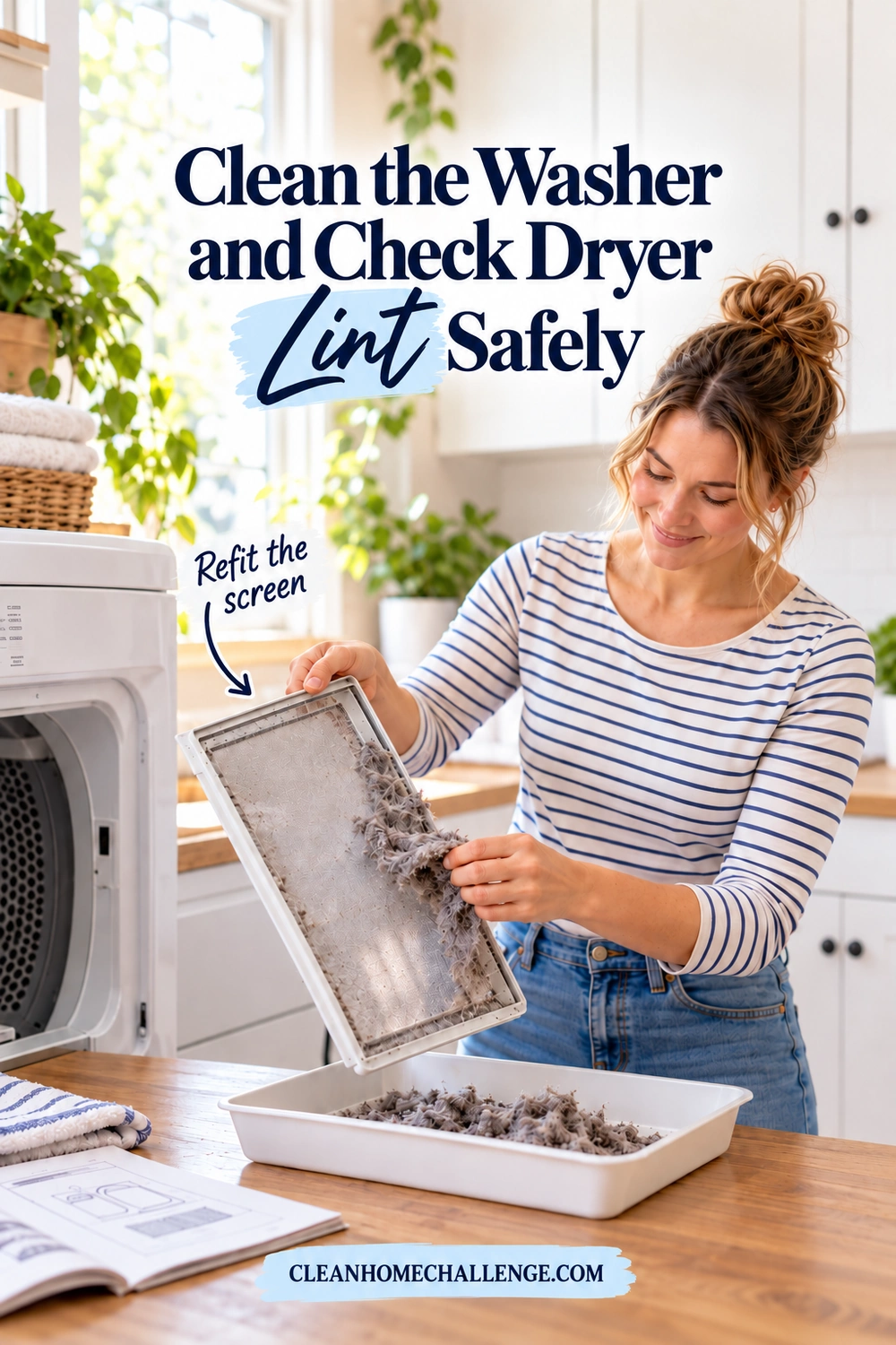 A woman removes loose lint from a dryer screen over a tray beside an idle open dryer and a washer manual.