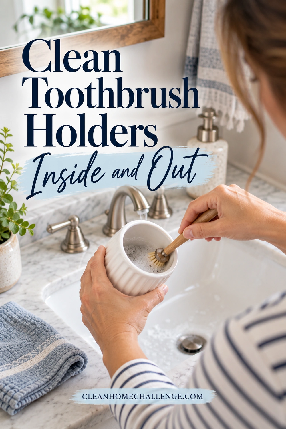 A woman holds an empty ribbed white ceramic toothbrush cup over a bathroom sink and uses a small soft brush to scrub its sudsy interior.