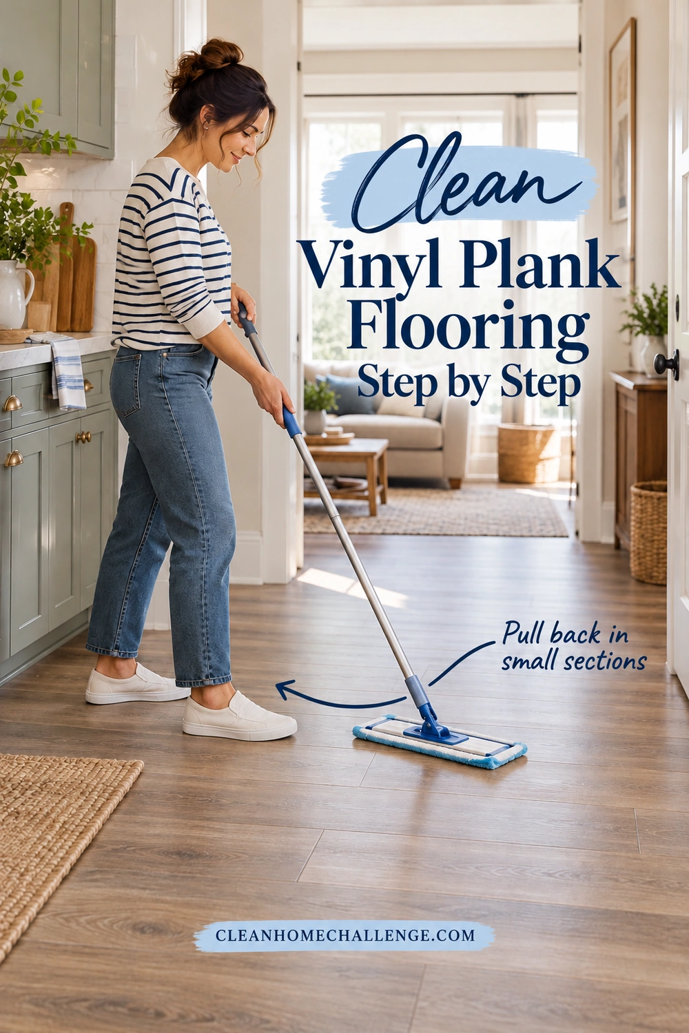 Woman in a striped shirt pulling a blue microfiber flat mop toward herself across wood-look vinyl planks in a kitchen.