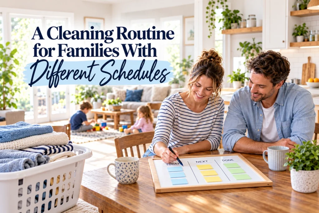 Two adults plan household tasks at a kitchen table beside folded laundry, while children play behind them.