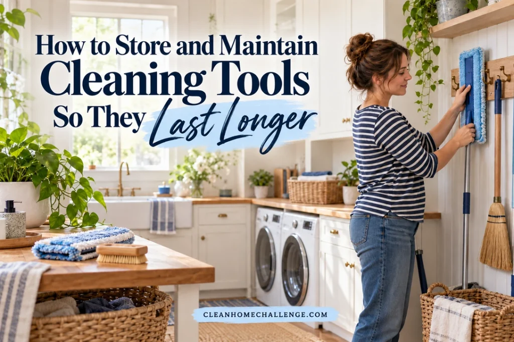 A woman in a striped shirt puts a flat mop onto a wall rack beside a broom in a bright laundry room with cloth baskets and a scrub brush.