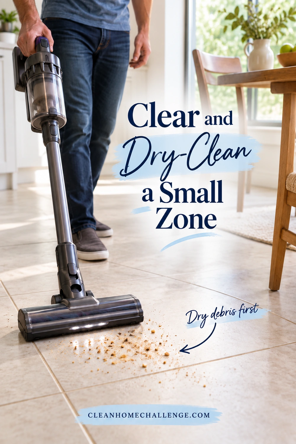 An adult uses a cordless vacuum to collect dry crumbs from cream floor tiles beside a dining chair.