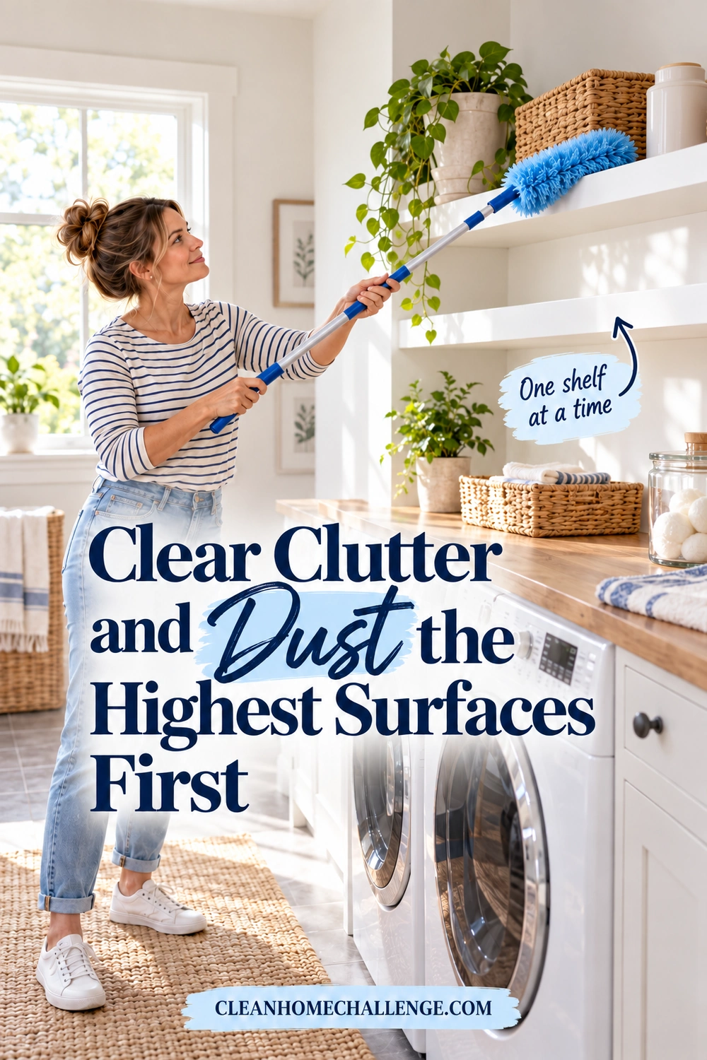 A woman uses an extendable duster on an accessible laundry shelf while one empty shelf is ready to clean.