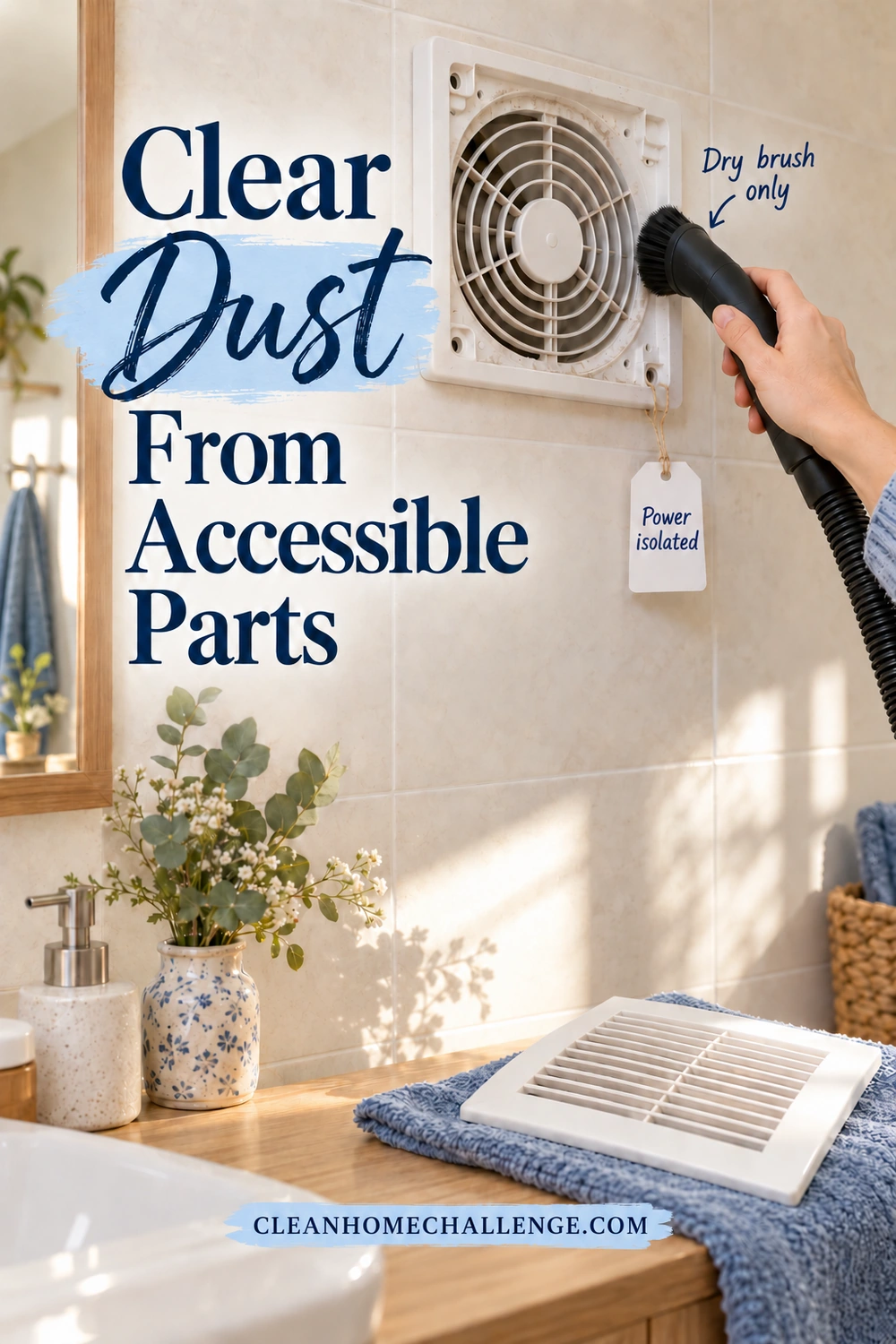 A dry vacuum brush is held at the outer edge of a bathroom fan housing beside a visible power-isolated tag.