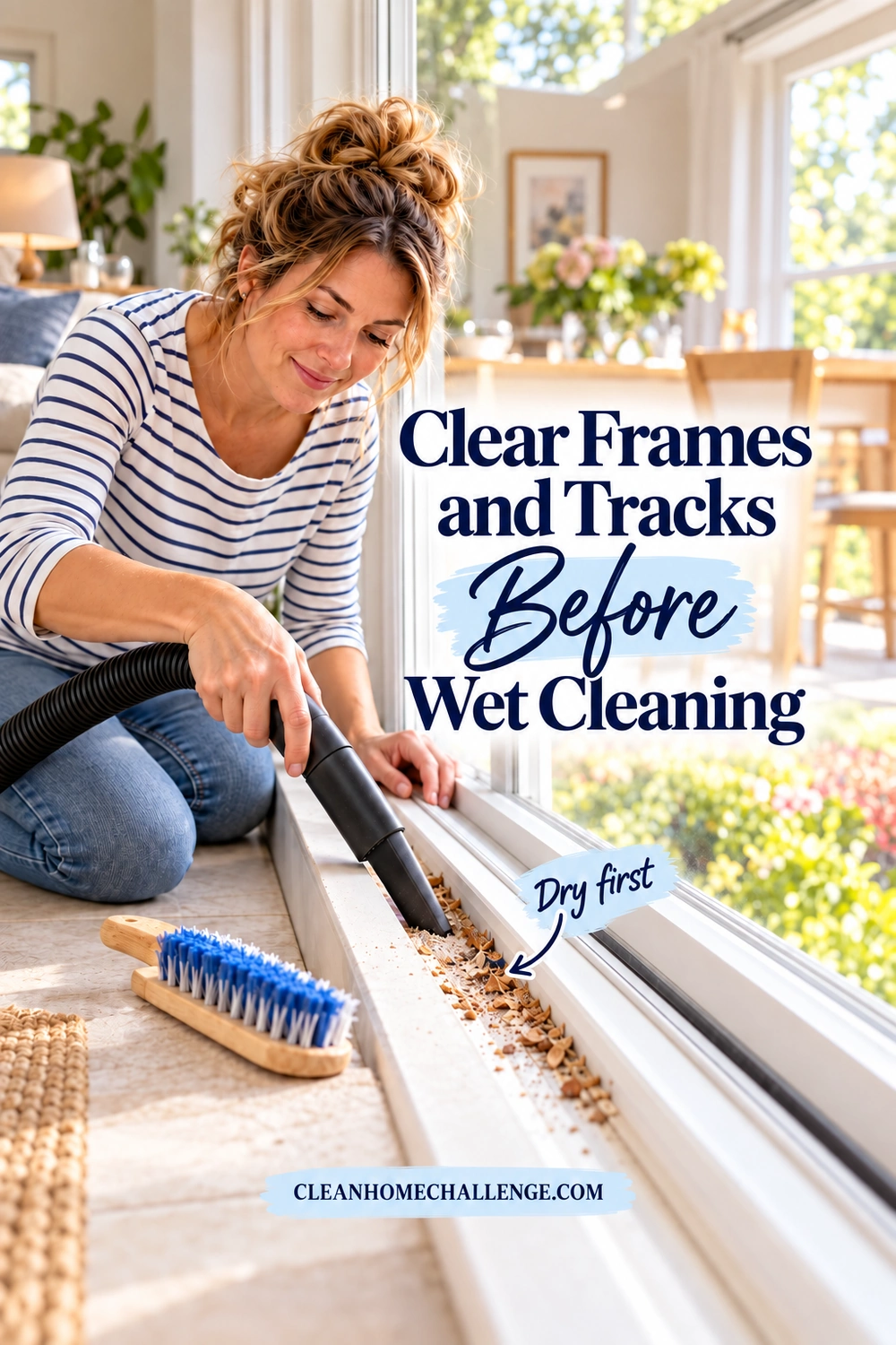 A woman vacuums dry debris in an open window track beside a soft brush.