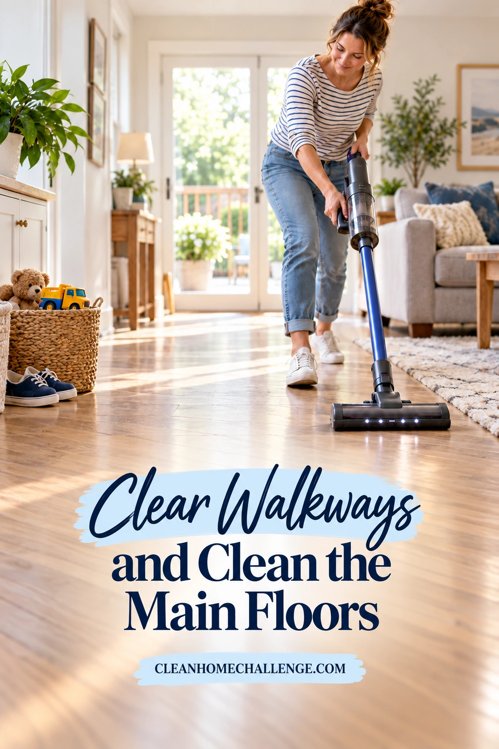 A woman vacuums a clear wood-floor traffic lane while shoes and a toy basket are kept to the side.