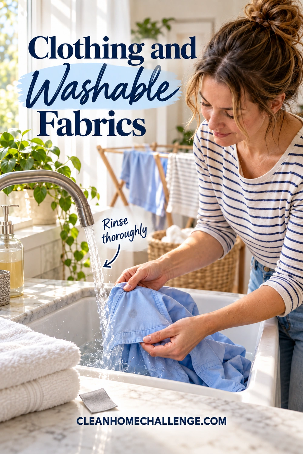 A woman rinses a light blue cotton shirt beneath a running laundry faucet beside white towels.